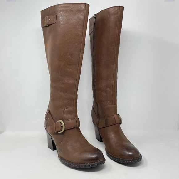 Born Shoes - Born Natasha Brown Leather Tall Harness Buckle Riding Heeled Comfort Boots 8 39